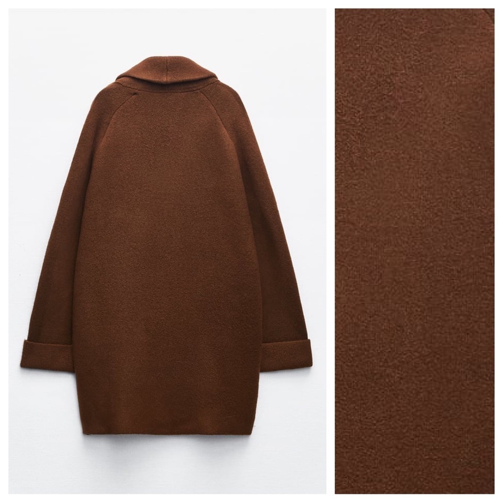 NWT. Zara Brown Wool Blend Turned Up Cuff Knit Coat. Size M. - Picture 3 of 10